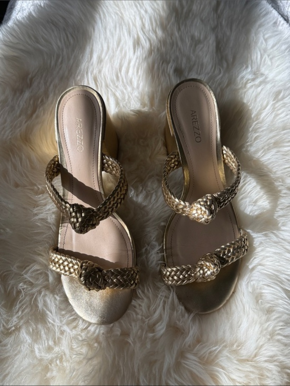 Arezzo Metallic Gold Braided-Strap Heeled Mules